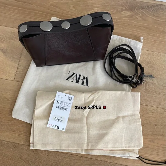 NWT ZARA SRPLS Maroon Studded Leather Mini Bowling Bag - Picture 2 of 6